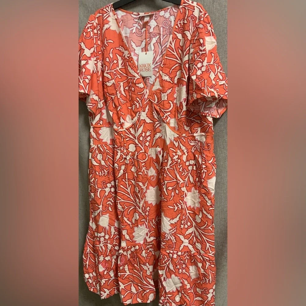 KNOX ROSE Women's Short Sleeve A-Line Dress - Orange Floral NWT - Picture 2 of 5